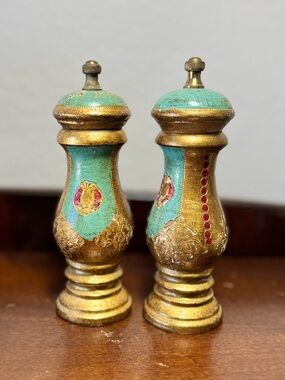 Vintage Florentine Teal Gold Gilt Pepper Mill & Salt Shaker Set- Italy